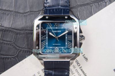 Replica Cartier Santos Automatic Watch Blue Dial Blue Leather Strap Stainless Steel Bezel